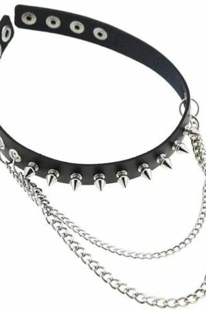 Y2K Black Leather Stud Chain Collar Necklace - Punk Streetwear Costume