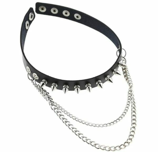 Y2K Black Leather Stud Chain Collar Necklace - Punk Streetwear Costume