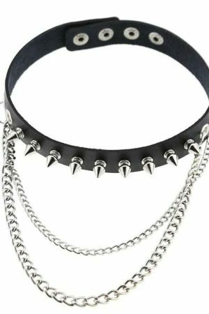 Y2K Black Leather Stud Chain Collar Necklace - Punk Streetwear Costume