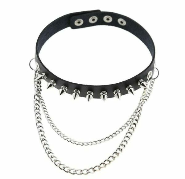 Y2K Black Leather Stud Chain Collar Necklace - Punk Streetwear Costume