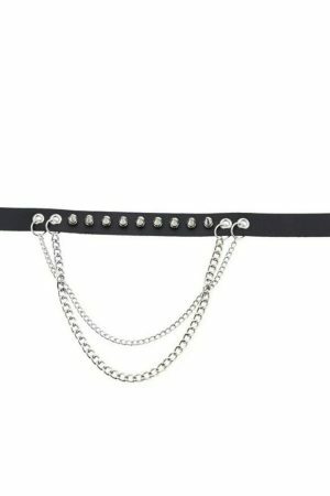 Y2K Black Leather Stud Chain Collar Necklace - Punk Streetwear Costume