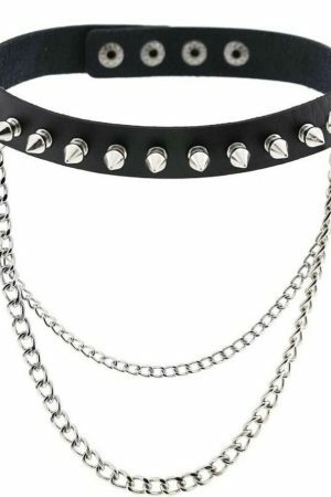 Y2K Black Leather Stud Chain Collar Necklace - Punk Streetwear Costume