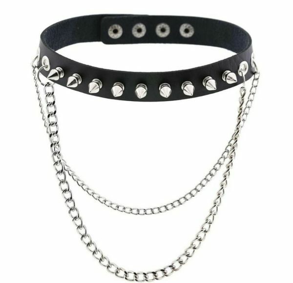 Y2K Black Leather Stud Chain Collar Necklace - Punk Streetwear Costume