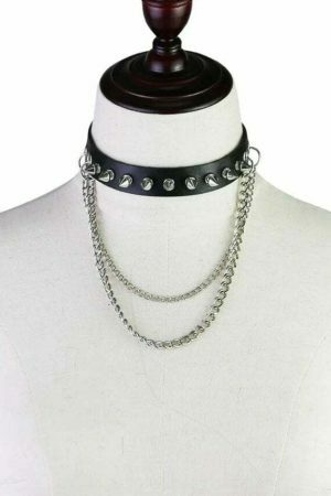 Y2K Black Leather Stud Chain Collar Necklace - Punk Streetwear Costume