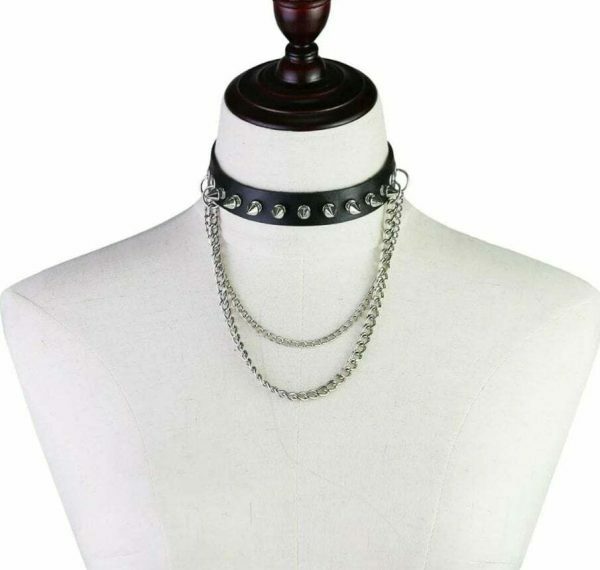 Y2K Black Leather Stud Chain Collar Necklace - Punk Streetwear Costume