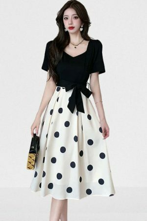 Y2K Black Patchwork Polka Dot Midi Dress with Bow - Vintage Chic Streetwear