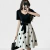 Y2K Black Patchwork Polka Dot Midi Dress with Bow - Vintage Chic Streetwear