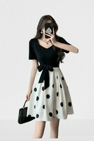 Y2K Black Patchwork Polka Dot Midi Dress with Bow - Vintage Chic Streetwear