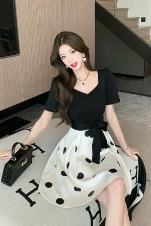 Y2K Black Patchwork Polka Dot Midi Dress with Bow - Vintage Chic Streetwear