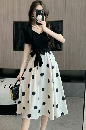 Y2K Black Patchwork Polka Dot Midi Dress with Bow - Vintage Chic Streetwear