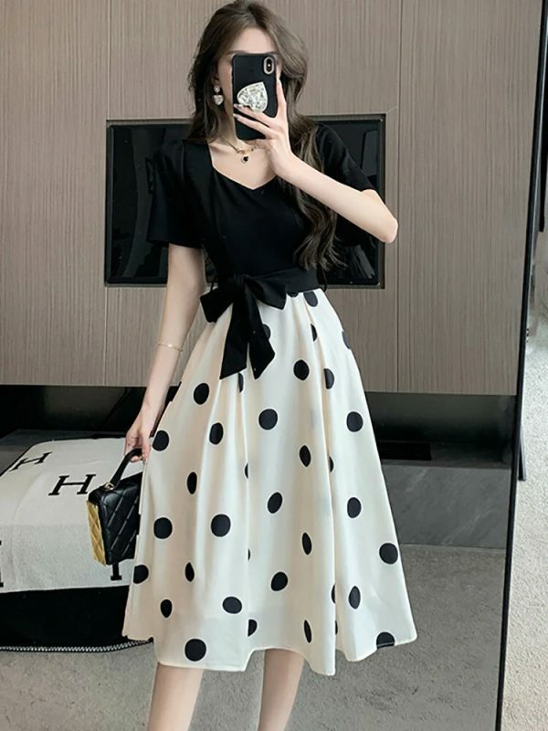 Y2K Black Patchwork Polka Dot Midi Dress with Bow - Vintage Chic Streetwear