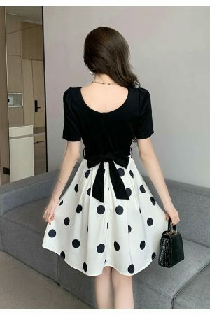 Y2K Black Patchwork Polka Dot Midi Dress with Bow - Vintage Chic Streetwear