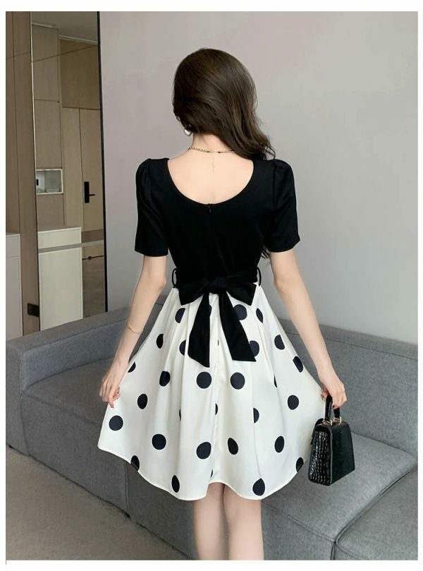 Y2K Black Patchwork Polka Dot Midi Dress with Bow - Vintage Chic Streetwear