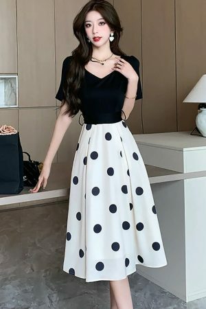 Y2K Black Patchwork Polka Dot Midi Dress with Bow - Vintage Chic Streetwear