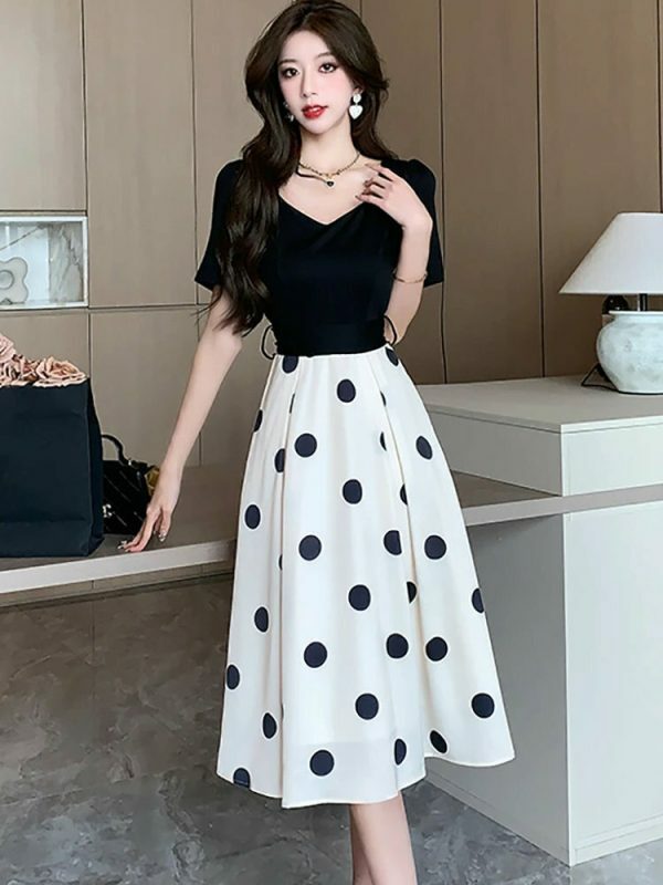 Y2K Black Patchwork Polka Dot Midi Dress with Bow - Vintage Chic Streetwear