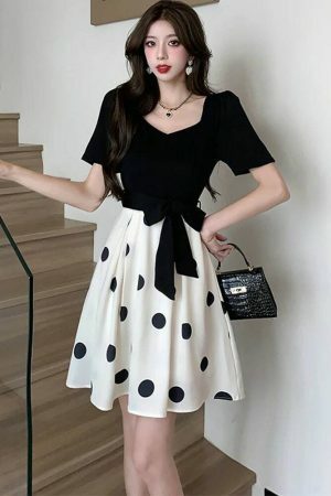 Y2K Black Patchwork Polka Dot Midi Dress with Bow - Vintage Chic Streetwear