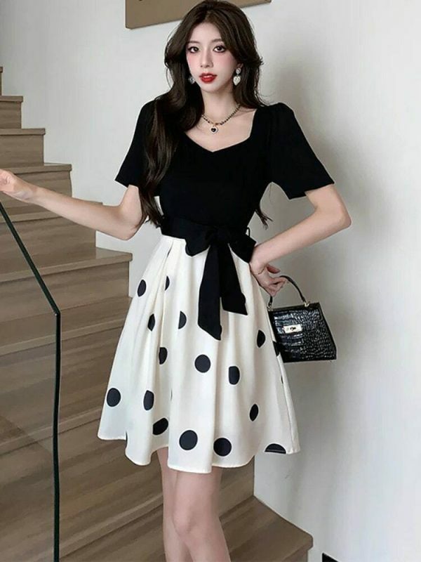 Y2K Black Patchwork Polka Dot Midi Dress with Bow - Vintage Chic Streetwear