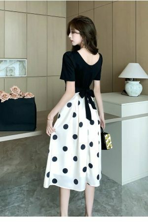 Y2K Black Patchwork Polka Dot Midi Dress with Bow - Vintage Chic Streetwear