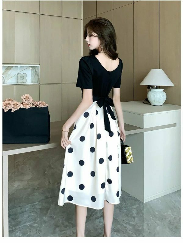 Y2K Black Patchwork Polka Dot Midi Dress with Bow - Vintage Chic Streetwear