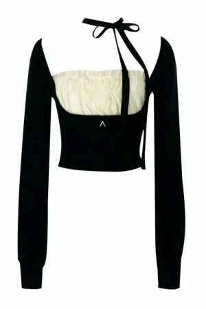 Y2K Black Ribbon Choker Streetwear Top