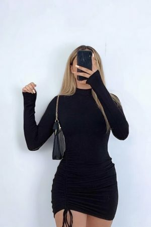 Y2K Black Ruched Turtleneck Dress with Bandage Details - Long Sleeve Stretchy Mini Dress for Chic Streetwear