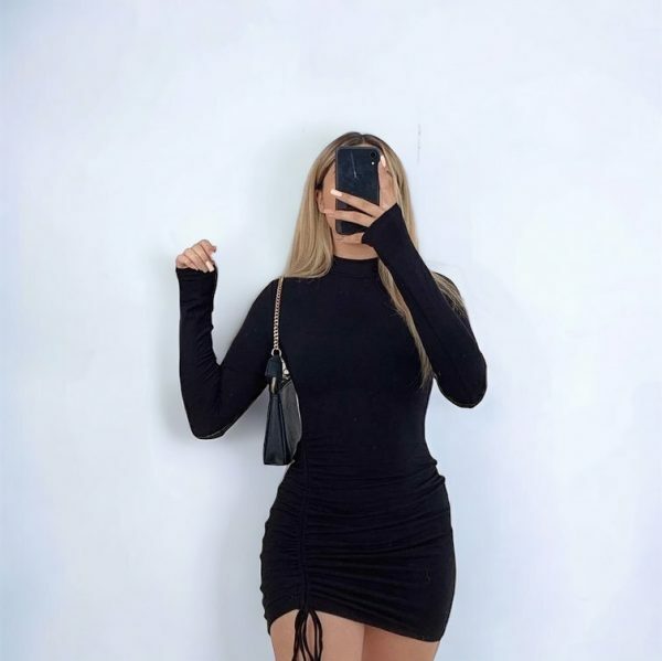 Y2K Black Ruched Turtleneck Dress with Bandage Details - Long Sleeve Stretchy Mini Dress for Chic Streetwear