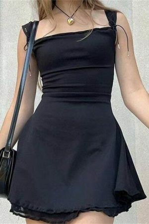 Y2K Black Slip Dress with Ruffle Detail and Tie Straps