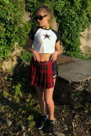 Y2K Black Star Print Patchwork Crop T-shirt, 90s Aesthetics E-girl Grunge Baby Tee Gothic Emo Streetwear