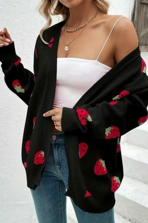 Y2K Black Strawberry Embroidered Knit Cardigan Vintage Streetwear Top