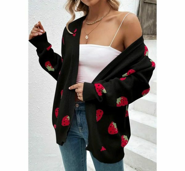 Y2K Black Strawberry Embroidered Knit Cardigan Vintage Streetwear Top