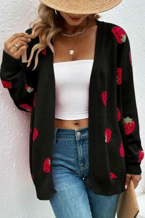 Y2K Black Strawberry Embroidered Knit Cardigan Vintage Streetwear Top