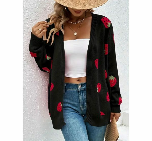 Y2K Black Strawberry Embroidered Knit Cardigan Vintage Streetwear Top