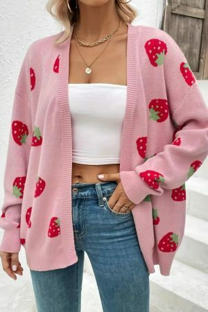 Y2K Black Strawberry Embroidered Knit Cardigan Vintage Streetwear Top