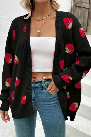 Y2K Black Strawberry Embroidered Knit Cardigan Vintage Streetwear Top