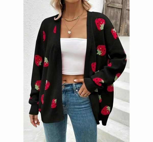 Y2K Black Strawberry Embroidered Knit Cardigan Vintage Streetwear Top