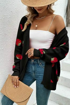 Y2K Black Strawberry Embroidered Knit Cardigan Vintage Streetwear Top