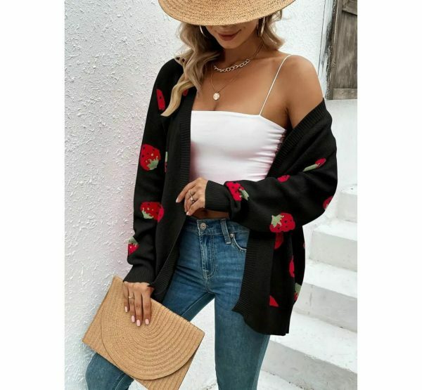 Y2K Black Strawberry Embroidered Knit Cardigan Vintage Streetwear Top