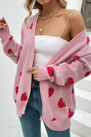 Y2K Black Strawberry Embroidered Knit Cardigan Vintage Streetwear Top