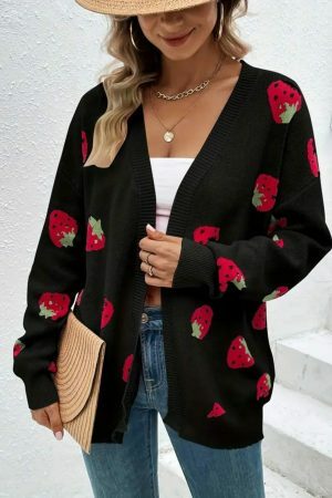 Y2K Black Strawberry Embroidered Knit Cardigan Vintage Streetwear Top