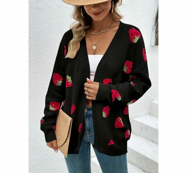 Y2K Black Strawberry Embroidered Knit Cardigan Vintage Streetwear Top