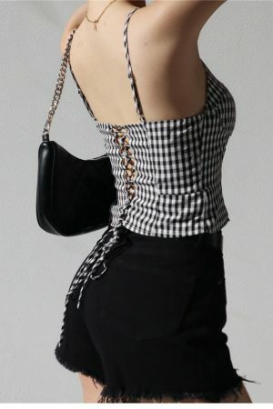 Y2K Black White Checked Strappy Cami Crop Top French Retro Aesthetic