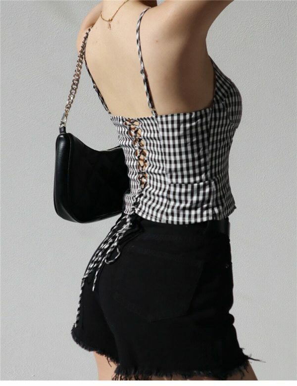 Y2K Black White Checked Strappy Cami Crop Top French Retro Aesthetic