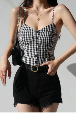 Y2K Black White Checked Strappy Cami Crop Top French Retro Aesthetic