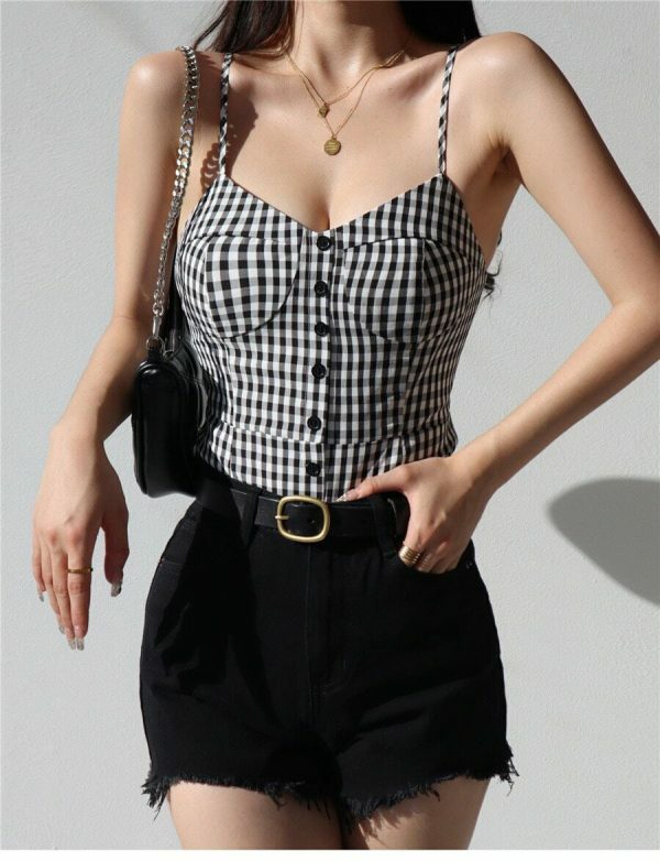 Y2K Black White Checked Strappy Cami Crop Top French Retro Aesthetic