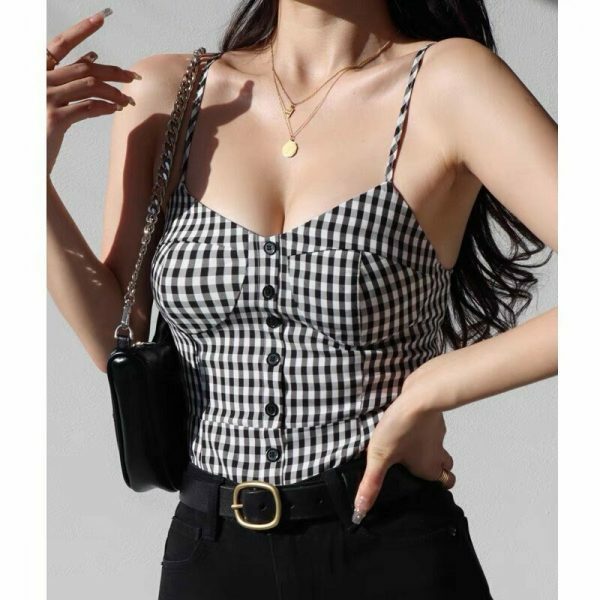 Y2K Black White Checked Strappy Cami Crop Top French Retro Aesthetic