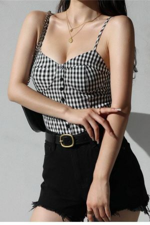 Y2K Black White Checked Strappy Cami Crop Top French Retro Aesthetic