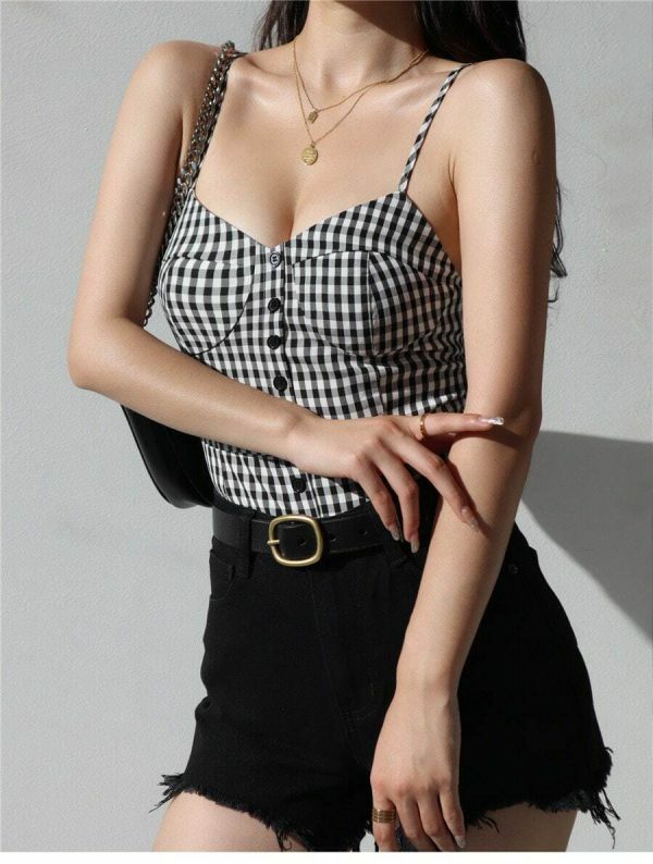 Y2K Black White Checked Strappy Cami Crop Top French Retro Aesthetic