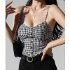 Y2K Black White Checked Strappy Cami Crop Top French Retro Streetwear