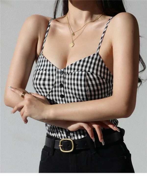 Y2K Black White Checked Strappy Cami Crop Top French Retro Streetwear