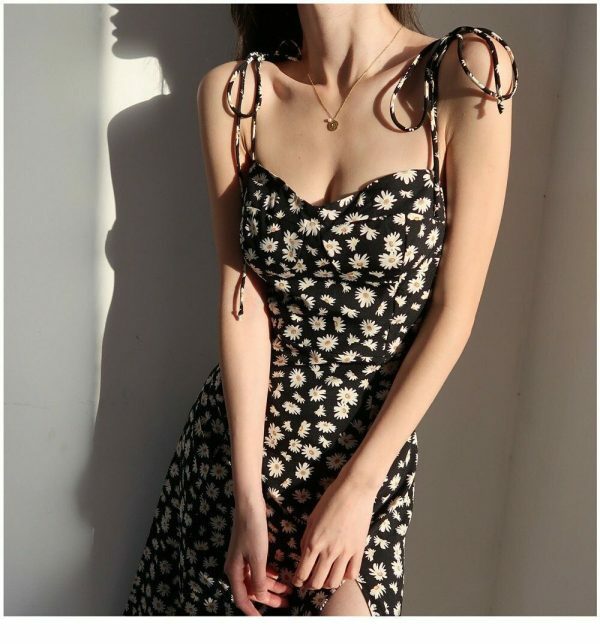 Y2K Black White Floral Midi Dress with Korean French Retro Vibes